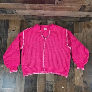 Anthropologie POL Pink Chunky Knit Crochet Sweater V-Neck Oversized Small
